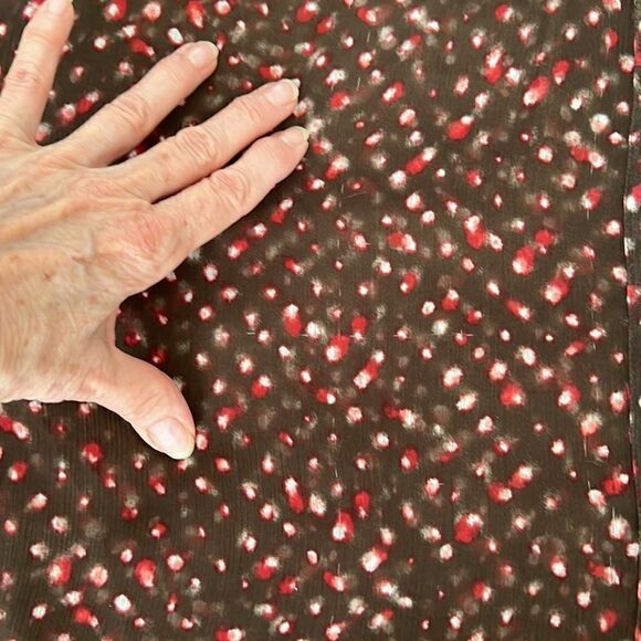 J Jill LS sheer blouse brown w/ red white print GUC last picture shows colors - Picture 10 of 16